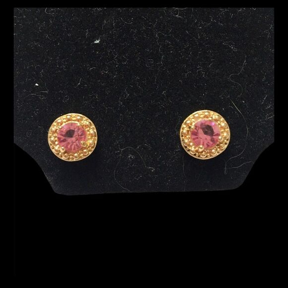 Faux Pink Sapphire Halo Style Stud Earrings Gold Tone - Picture 1 of 3